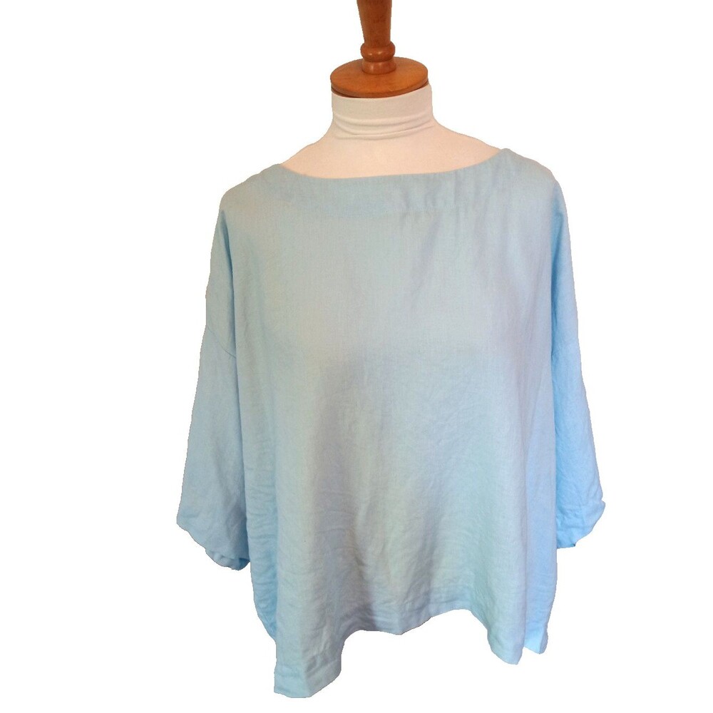 Pure Jill Linen Shirt Women’s Light Blue Boxy Lagenlook Coastal Size L